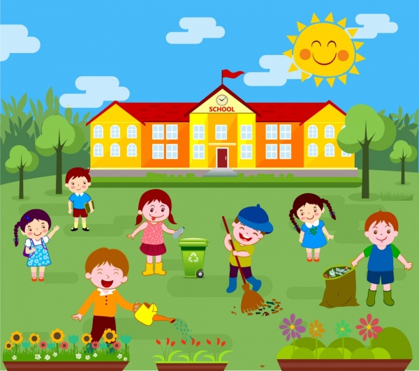 Childhood background kids cleaning outdoor colored cartoon Free ...